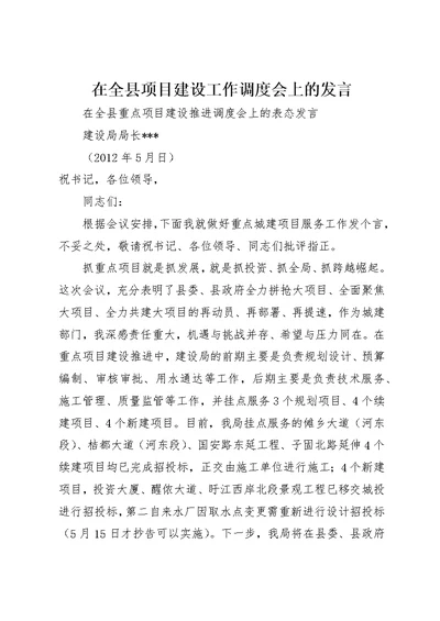 在全县项目建设工作调度会上的讲话 1