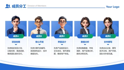 成员分工-蓝绿色商务风5项卡片成员分工PPT单页