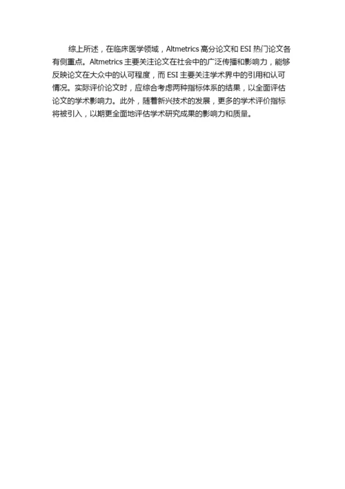 Altmetrics高分论文与ESI热门论文的比较分析——以临床医学领域为例.docx