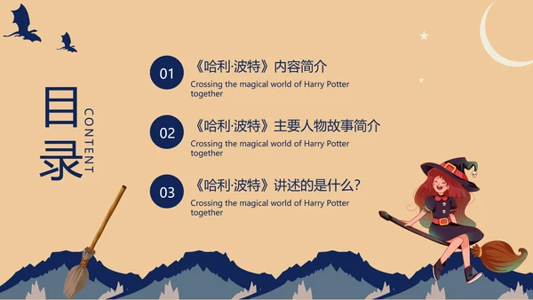 黄色蓝色卡通风哈利波特PPT模板电影