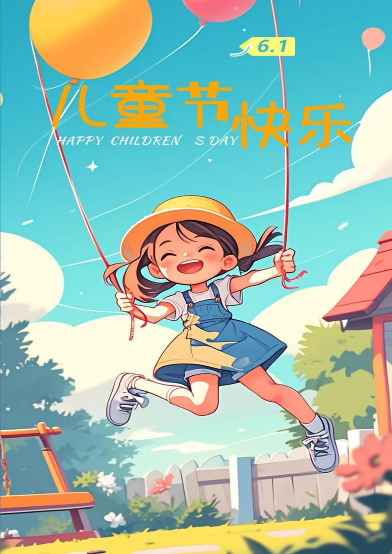卡通小女孩开心的笑六一节日海报