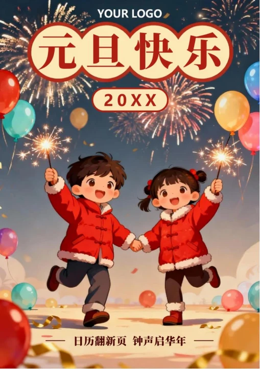 蓝色可爱插画风元旦节节日海报