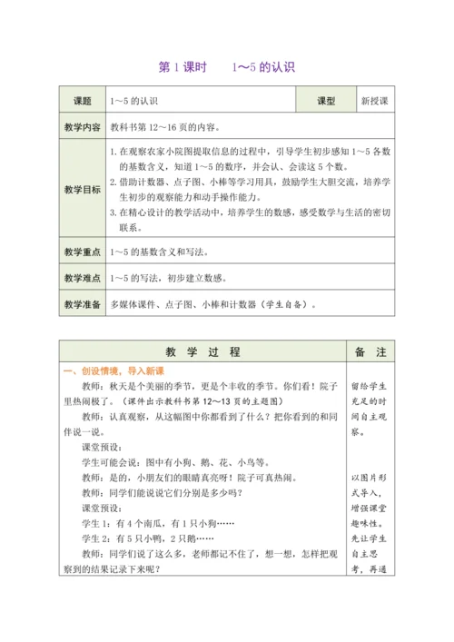 人教版数学（2024）一年级上册1.1.1  1~5的认识教案