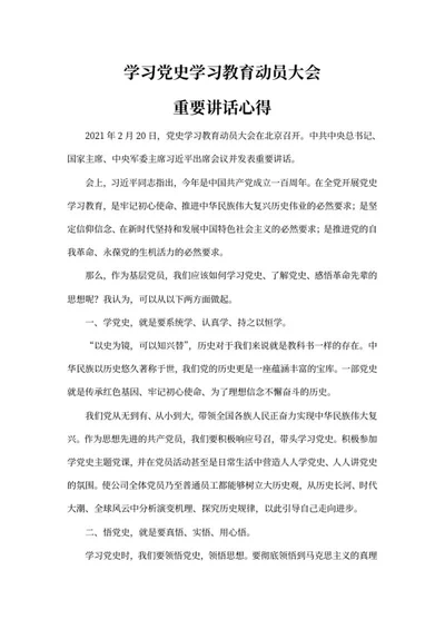 学习党史教育动员大会心得word模板