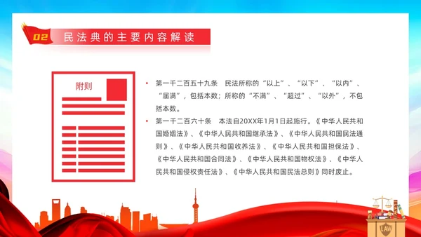 红色蓝色大气简约红绸剪影民法典案例民法典解读动态PPT案例分析