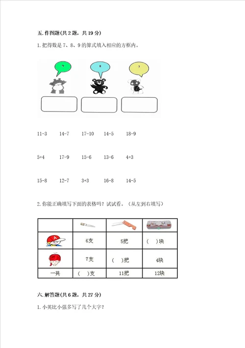 冀教版一年级上册数学第九单元 20以内的减法 测试卷附答案夺分金卷