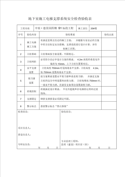 (完整word版)地下室施工电梯支撑验收表