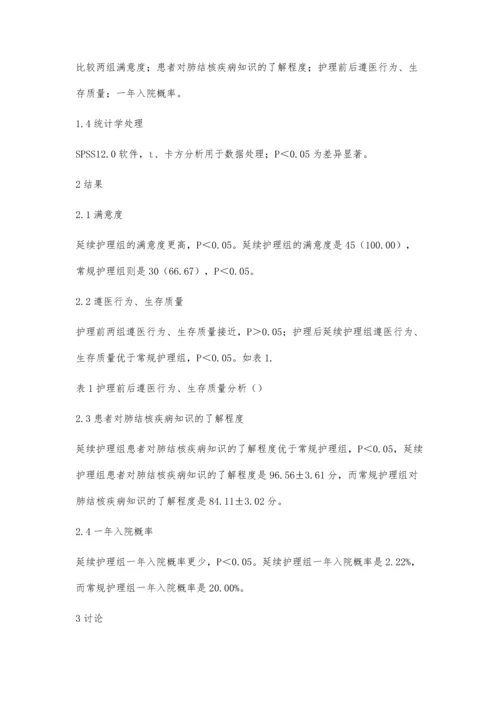 延续护理对肺结核患者遵医行为及生存质量影响探析.docx