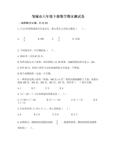 邹城市六年级下册数学期末测试卷及完整答案1套