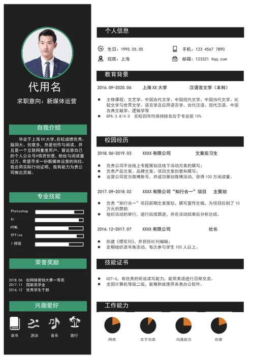 应届生实习生新媒体运营个人简历模板word简历介绍