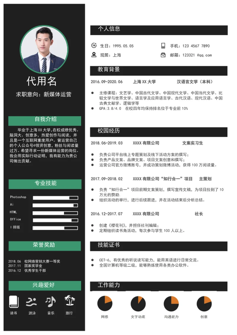 应届生实习生新媒体运营个人简历模板word简历介绍