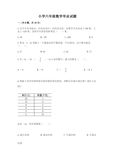 小学六年级数学毕业试题附参考答案（夺分金卷）.docx