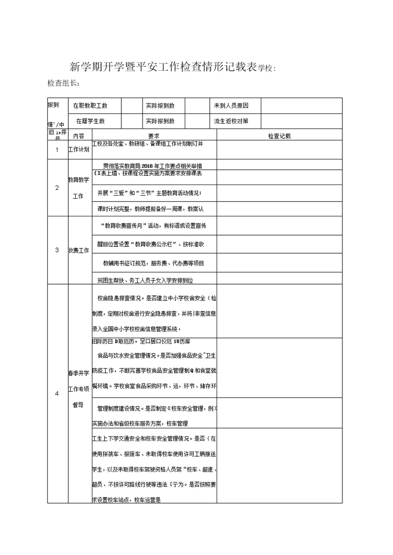 新学期开学暨平安工作检查情形记载表