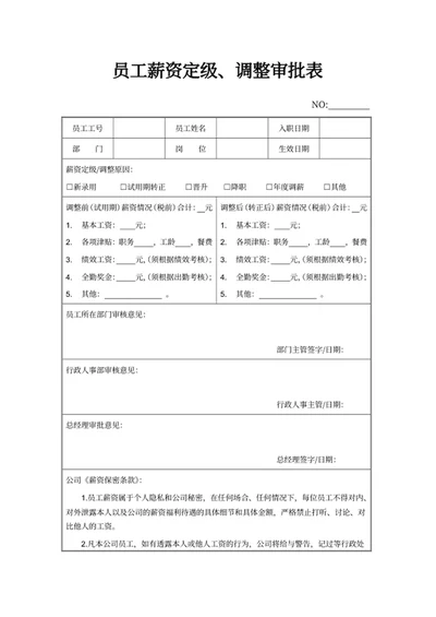 员工薪资定级、调整审批表