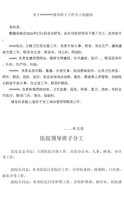 医院领导班子分工通知以及分工一览表（完整详细版）