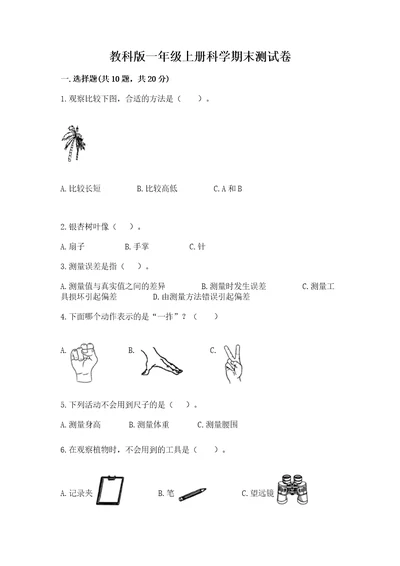 教科版一年级上册科学期末测试卷附完整答案（有一套）