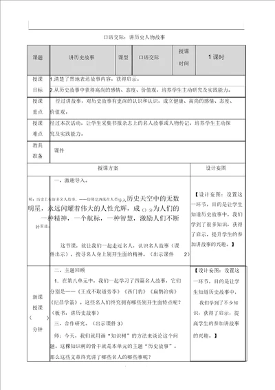 部编版四年级语文上册教案口语交际：讲历史人物故事