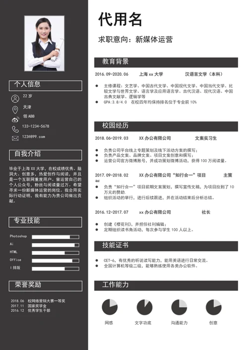 简约风新媒体运营个人简历模板word简历