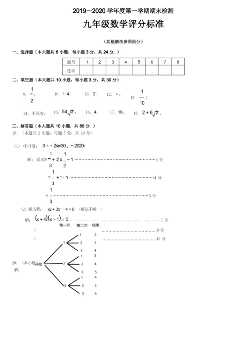 2019-2020学年度第一学期九年级数学期末试卷试题(含答案).docx