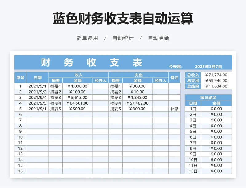 蓝色财务收支表自动运算