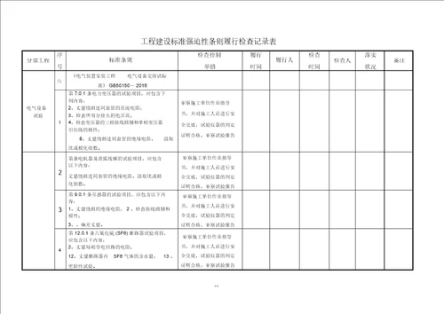 升压站电气设备安装强制性条文执行检查表