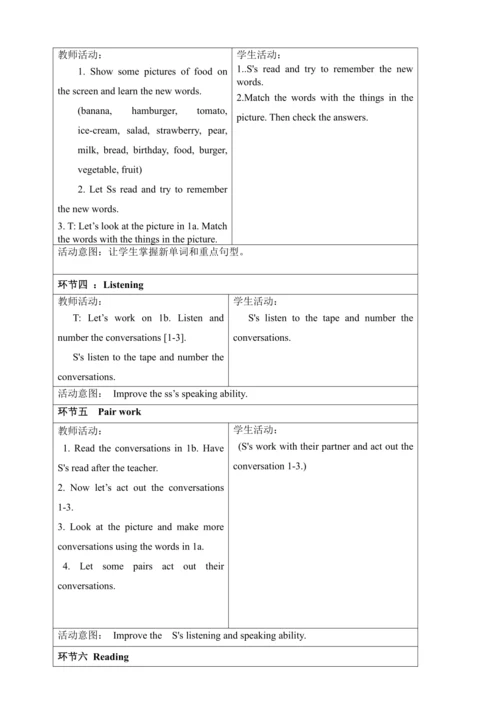 新课改单元整体教学设计人教版七年级上册Unit 6 Do you like bananas?（表格式