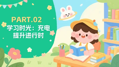 绿色可爱扁平卡通风小学生暑假生活PPT模板
