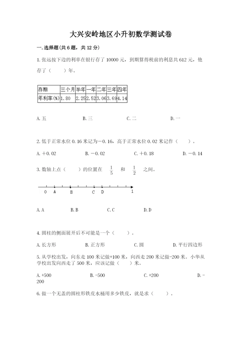 大兴安岭地区小升初数学测试卷及参考答案1套.docx