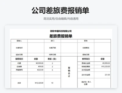 简约通用公司差旅费报销单