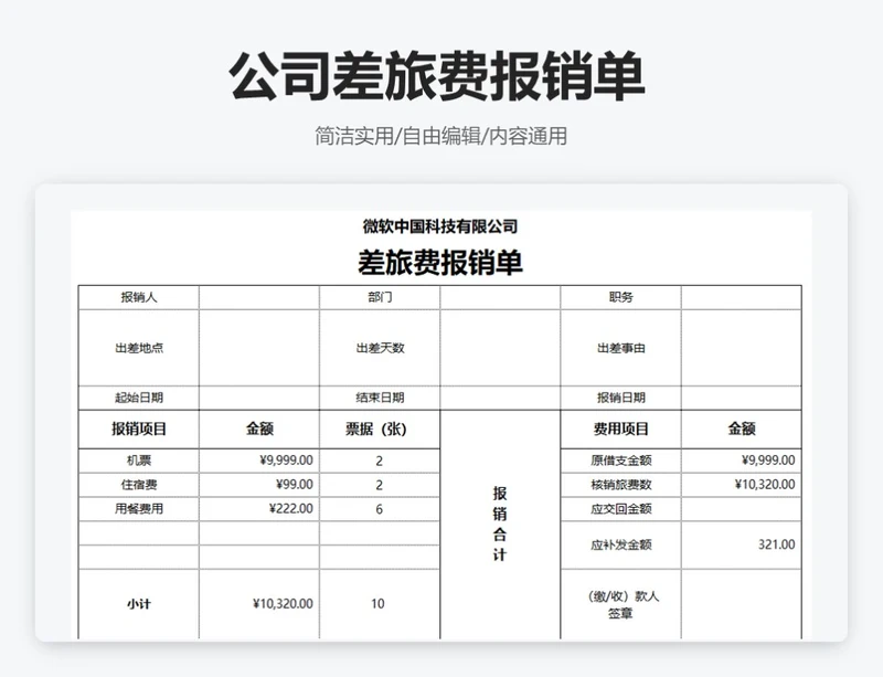 简约通用公司差旅费报销单