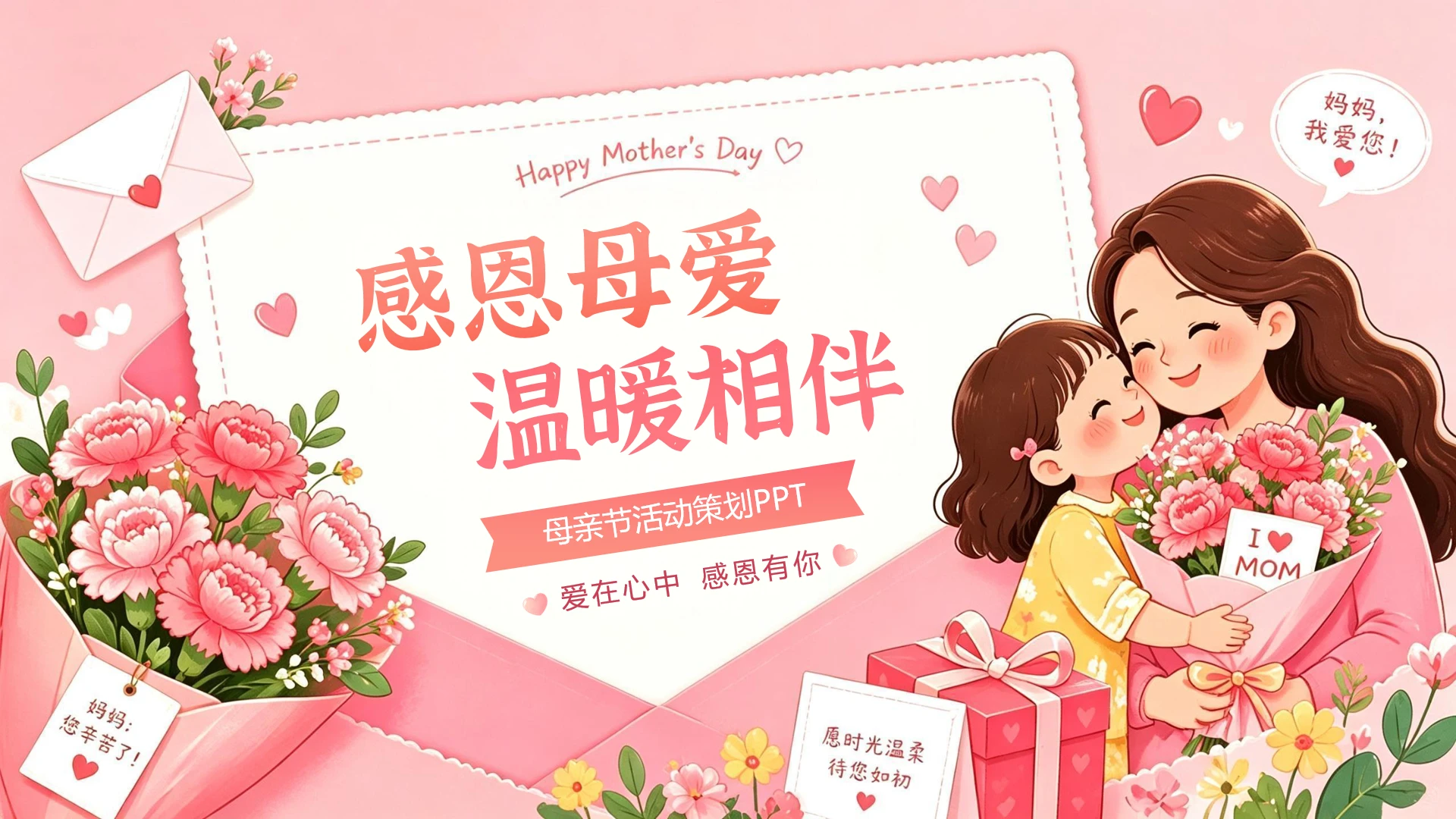 粉色小清新唯美信封母亲节活动策划封面页