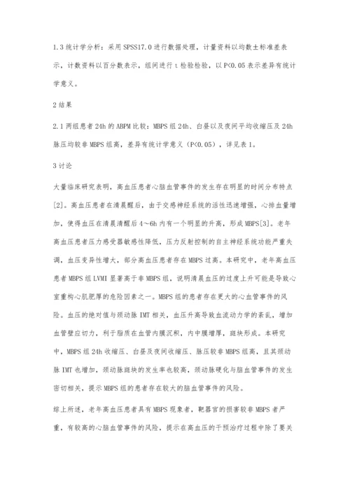 浅议老年原发性高血压患者晨峰现象与靶器官损害.docx