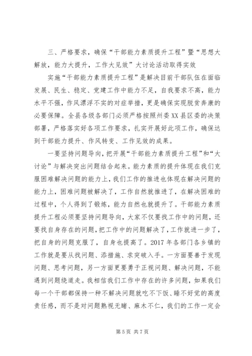 县委书记在全县干部能力素质提升工程暨思想大解放能力大提升工作大见效动员部署会议上的讲话.docx