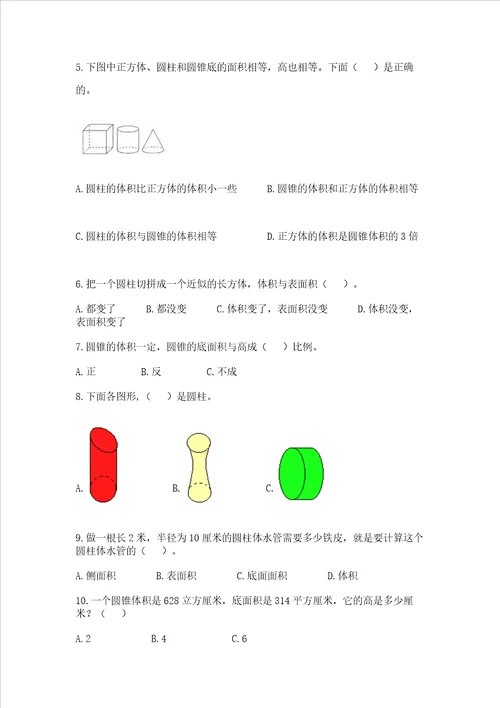 六年级下册数学圆柱与圆锥专项练习题选择题加解析答案