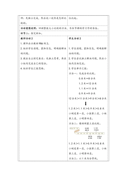 大单元教学【核心素养目标】7.2  小数的大小比较（表格式）教学设计 人教版三年级下册