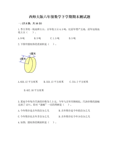 西师大版六年级数学下学期期末测试题汇编