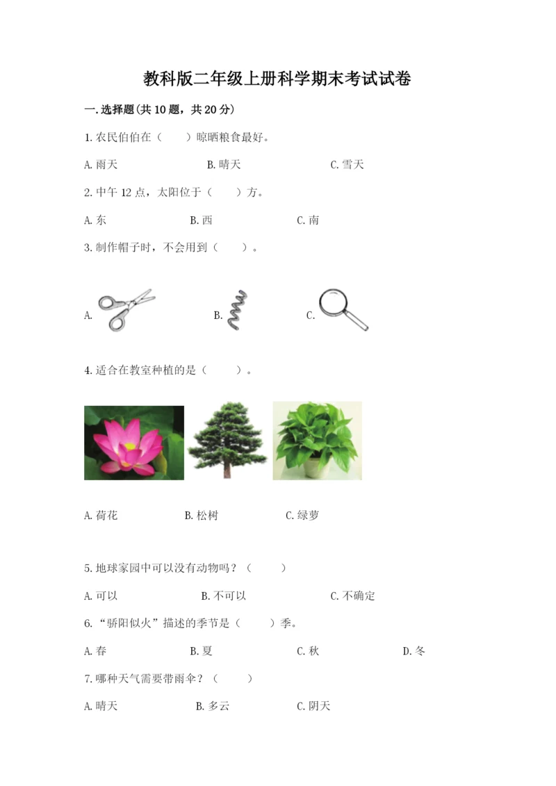 教科版二年级上册科学期末考试试卷及答案（夺冠系列）.docx