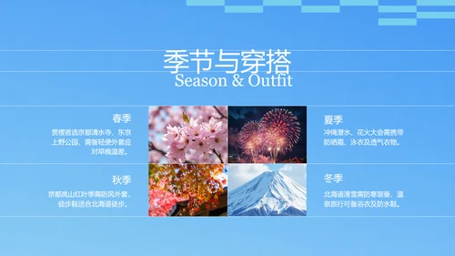 蓝黄色插画日式日本旅游攻略PPT模板