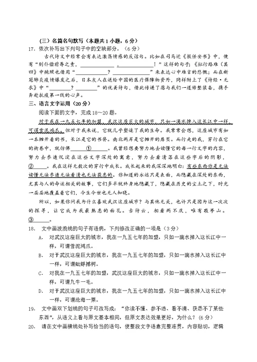 普通高等学校招生全国统一考试模拟卷（防疫版） 语 文