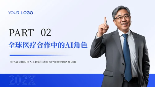 蓝色商务风全球医疗合作中的AI角色