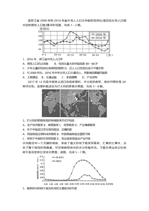 2018年普通高等学校招生全国统一考试文科综选择题限时练5