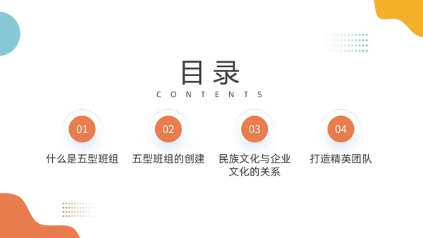 插画风简洁彩色五型班组创建精英团队商务PPT培训