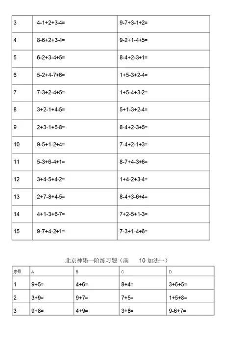 珠心算一阶练习题直加直减