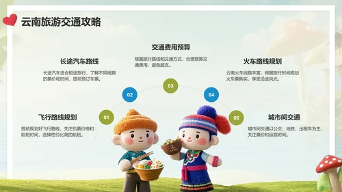 绿色3D风云南旅游全攻略：美景与美食PPT模板