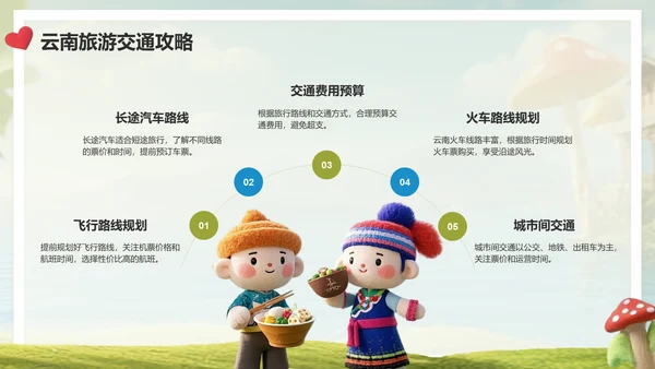绿色3D风云南旅游全攻略：美景与美食PPT模板