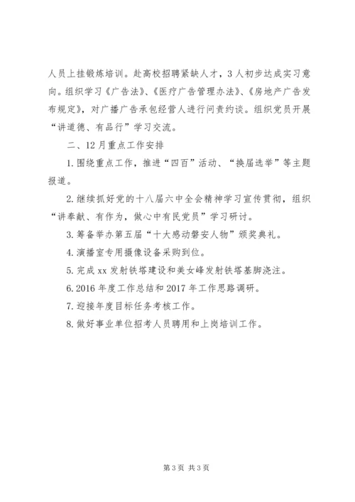 广电台XX年11月工作小结和12月重点工作安排.docx