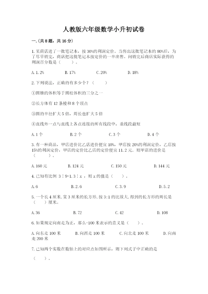 人教版六年级数学小升初试卷及参考答案（培优a卷）.docx