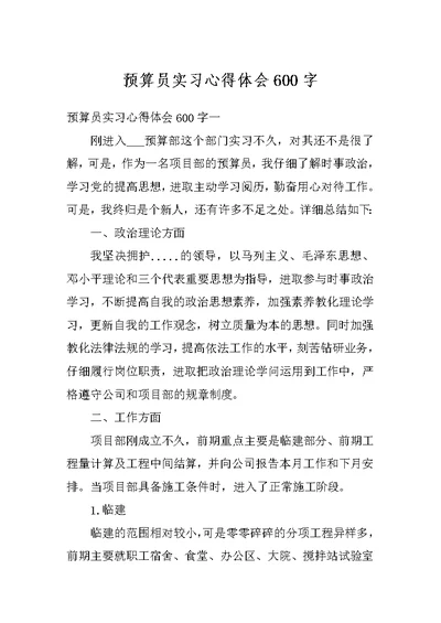 预算员实习心得体会600字