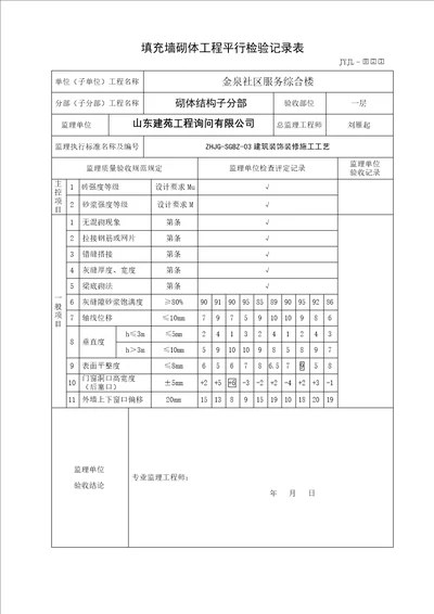 填充墙砌体工程平行检验检验记录表