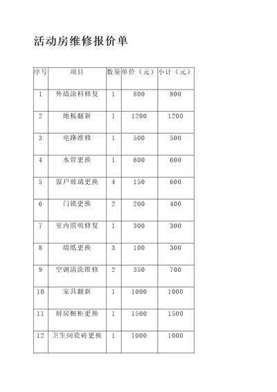 活动房维修报价单